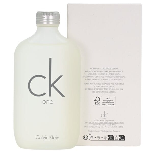 Angled side view of CK ONE Calvin Klein unisex EDT 6.7 oz bottle highlighting design
