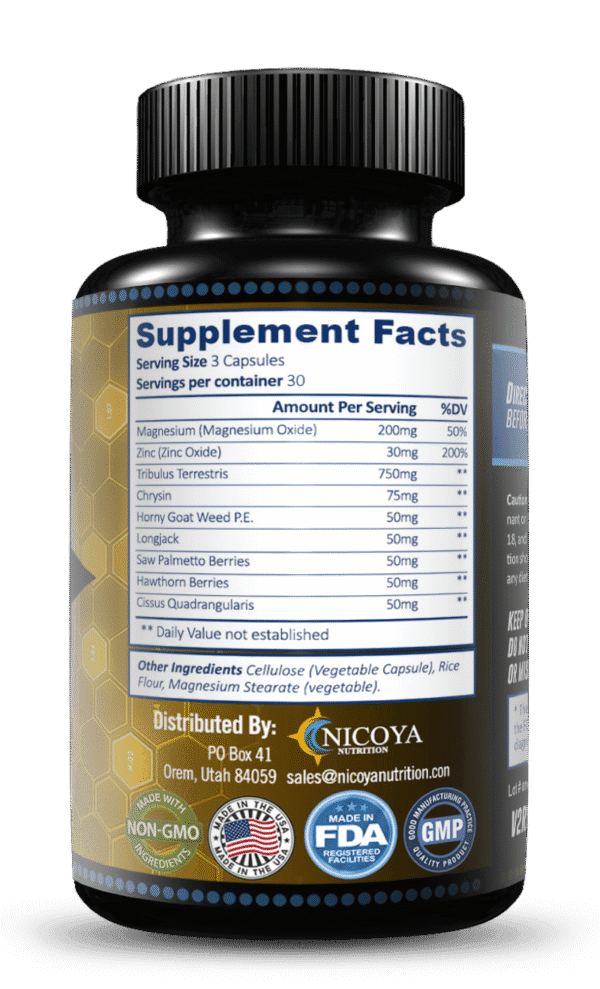 Top-down view of the testosterone supplement bottle focused on energy and performance