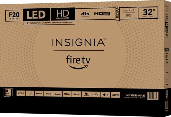 Side-angle view of the INSIGNIA 32-Inch Fire TV highlighting the slim profile and HD display quality