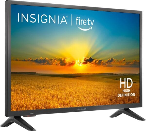 Rear panel of the INSIGNIA Fire TV showing mounting points, ports, and included Alexa Voice Remote