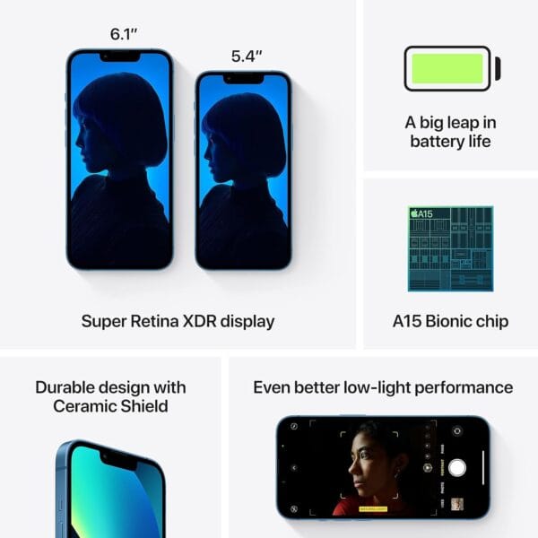 Apple iPhone 13, 128GB, Blue – shown in-hand, highlighting compact, user-friendly design