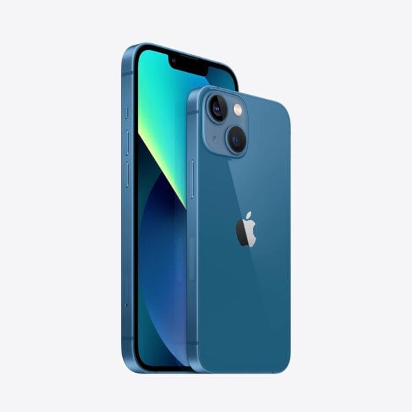 Front angle of Apple iPhone 13, 128GB, Blue – Unlocked (Renewed), showing full screen display