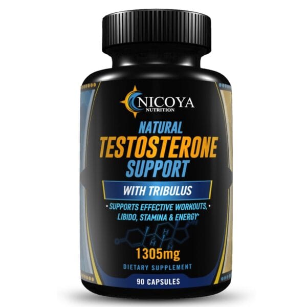 Close-up of muscle support capsule from natural testosterone booster supplement bottle