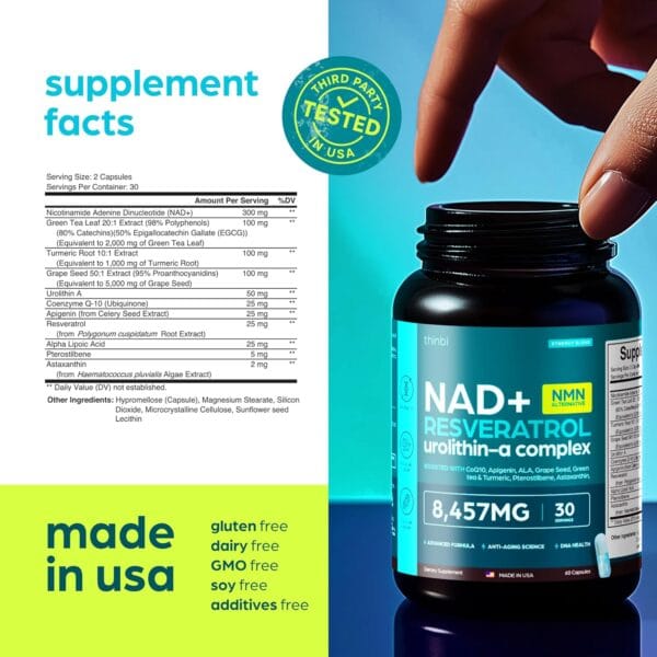 Back label of NAD supplement with NMN alternative, Resveratrol, and dosing for energy and anti-aging