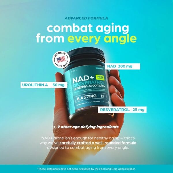 Side view of NAD supplement bottle featuring liposomal formula, NMN alternative, and antioxidants