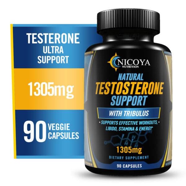 Side view of testosterone supplement showing ingredients label and packaging details
