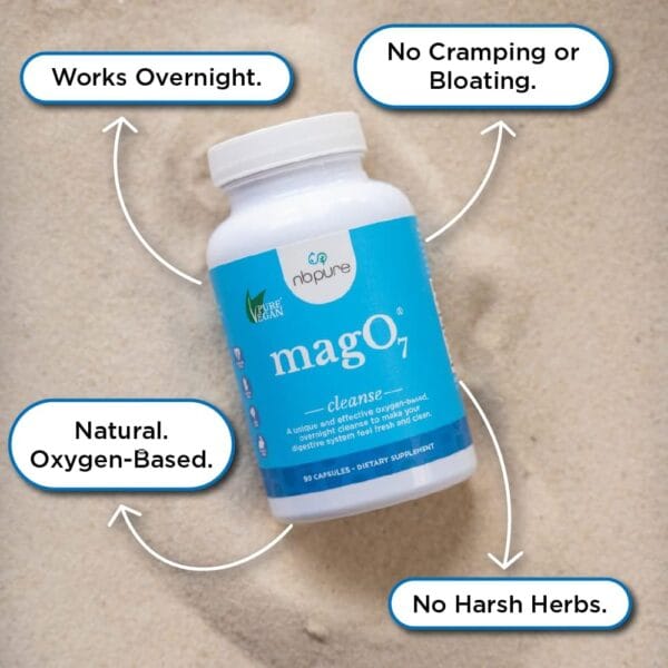 Front view of nbpure MagO7 detox bottle with 90 capsules for colon cleanse and relief