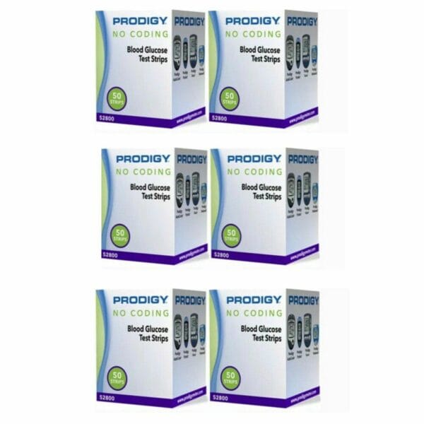 Front view of Prodigy No Coding Blood Glucose 300 Test Strips with expiration date of 10/18/2026