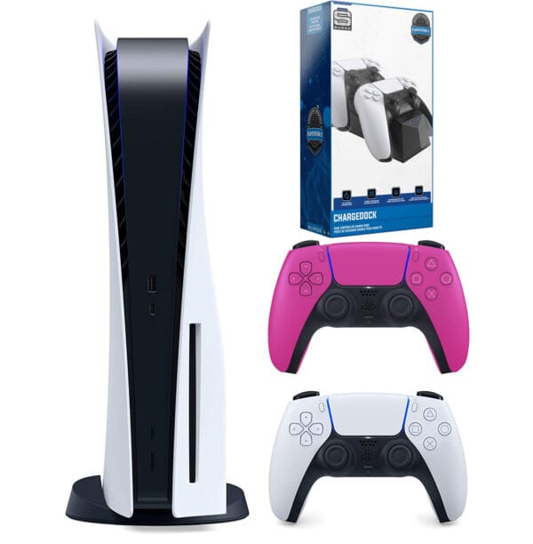 Top view of Sony PS5 console and gamepad in bundle