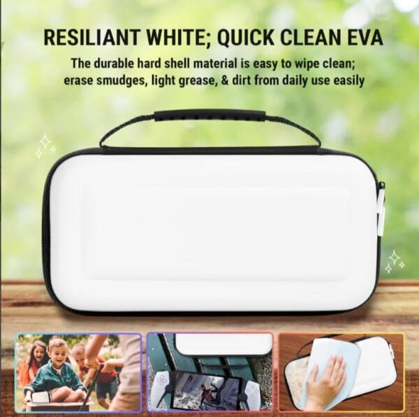 Front view of PS5 carrying case showing durable exterior, white/black color, and grip handle