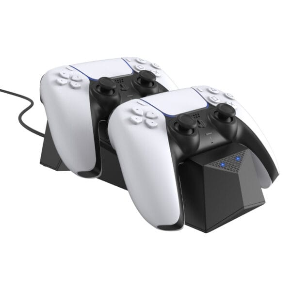 Front view of Sony PS5 disc bundle with controller and dock