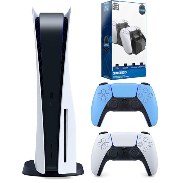 Close-up of PS5 charging dock and controller combo