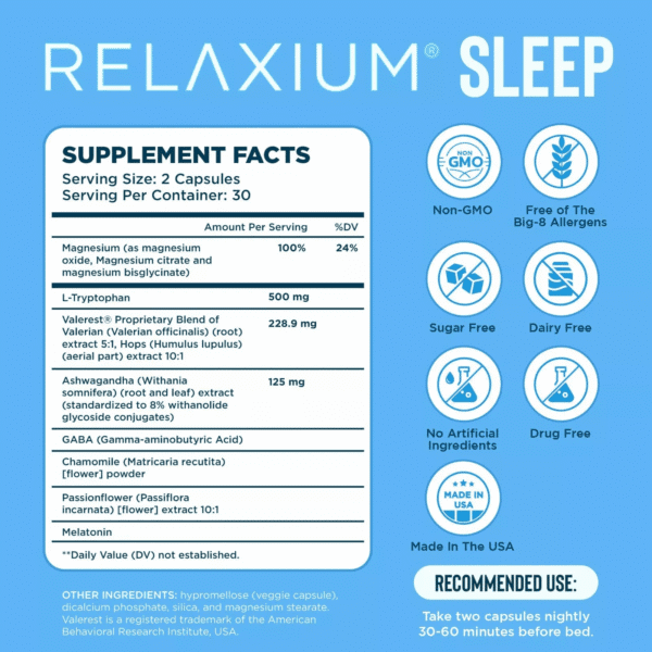 Front view of RELAXIUM SLEEP 60 Capsules bottle highlighting branding and packaging for sleep aid.