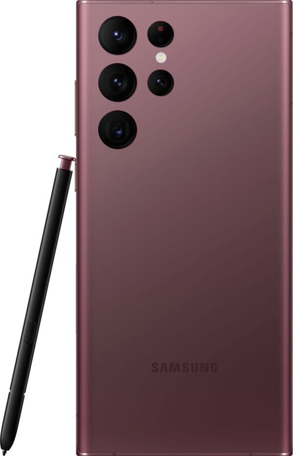 Top angled shot of Samsung S22 Ultra highlighting build and curvature.