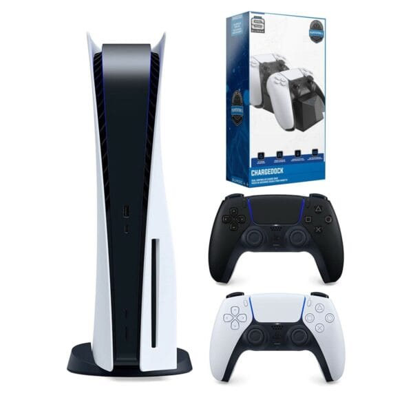 Side profile of Sony PS5 disc console bundle with charging dock