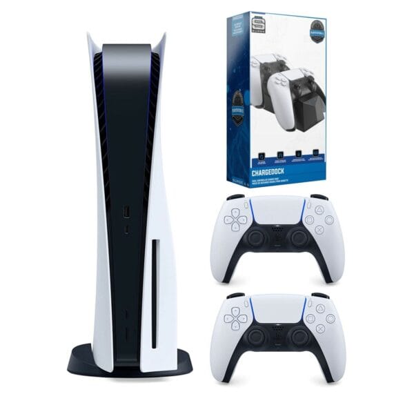 Close-up product shot of Sony PS5 disc version with dock and controller