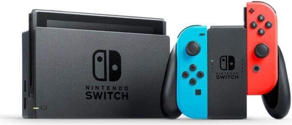 Side view of Nintendo Switch showing Joy-Cons and Mario Kart 8 game details