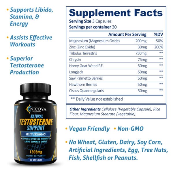 Front view of natural testosterone booster bottle for energy, muscle growth, and strength