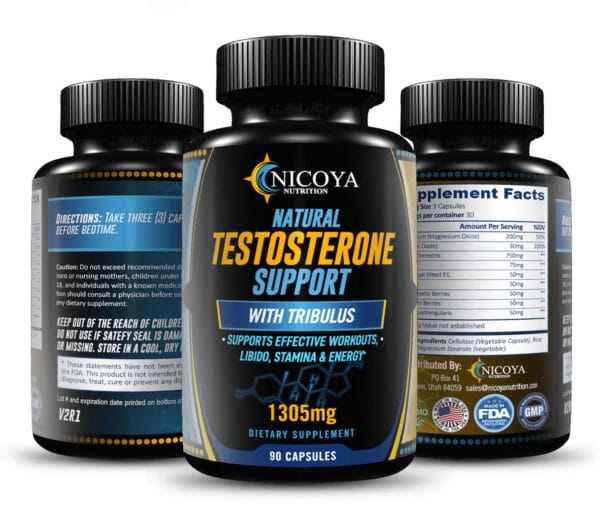 Angled photo of testosterone-boosting pills showing packaging, size, and texture