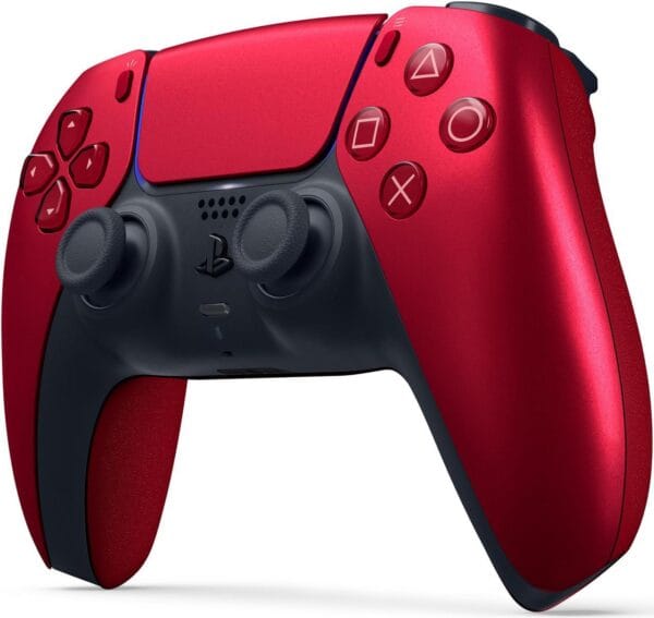 Top angle of the PlayStation DualSense Wireless Controller in Volcanic Red with USB-C port and adaptive triggers
