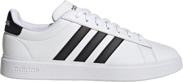 Front view of adidas Grand Court 2.0 Tennis Shoe in white with black stripes