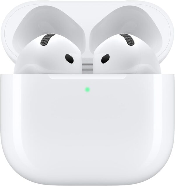 Apple AirPods 4 wireless earbuds with USB-C charging case, front angle view
