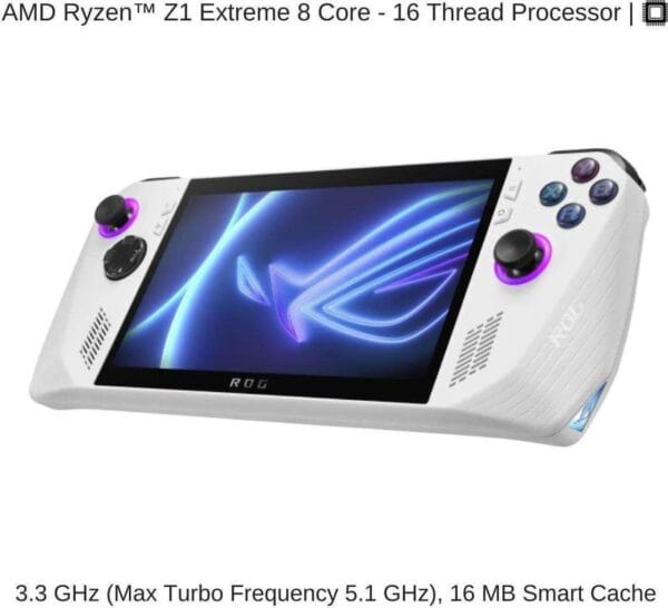 Front handheld view of ASUS ROG Ally RC71L gaming console showing 7” FHD display and ergonomic grip.