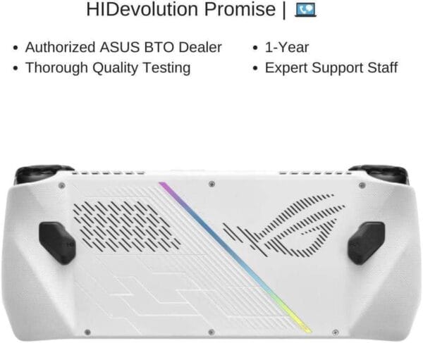 Top angle of ASUS ROG Ally showing ultra-clear screen, slim body, and cooling vents for gaming on the go.