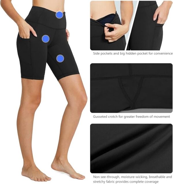 Front view of Baleaf women’s high-waist biker shorts with pockets, ideal for yoga, running, or gym workouts.