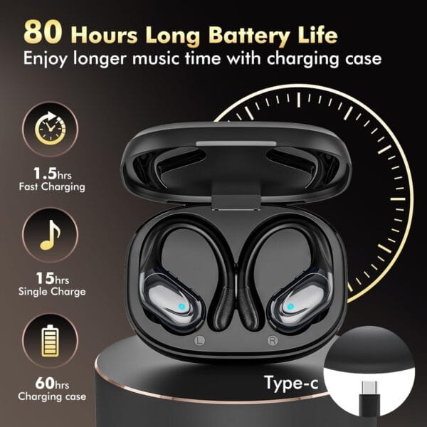 Sleek side view of wireless Bluetooth earbuds, designed for ergonomic in-ear comfort and stability.