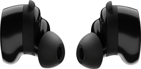 Side view of Bose wireless earbuds showcasing black finish and streamlined earbud shape