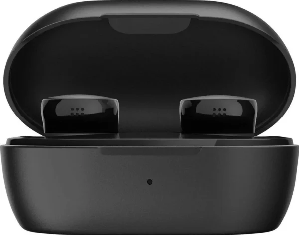 Front view of Bose QuietComfort wireless noise cancelling earbuds in sleek black finish