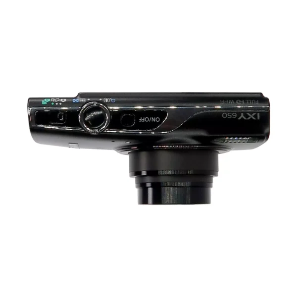 Close-up of Canon ELPH 360 HD lens showing 12x optical zoom and lens clarity