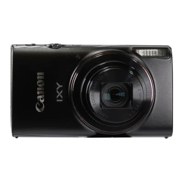Canon Powershot IXY650 front angle view showcasing sleek black compact body and lens