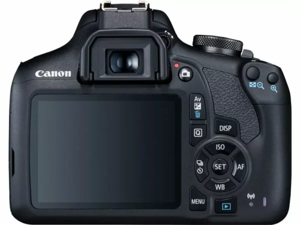 Front view of Canon EOS 2000D Rebel T7 DSLR Camera with 18-55mm lens and ergonomic grip