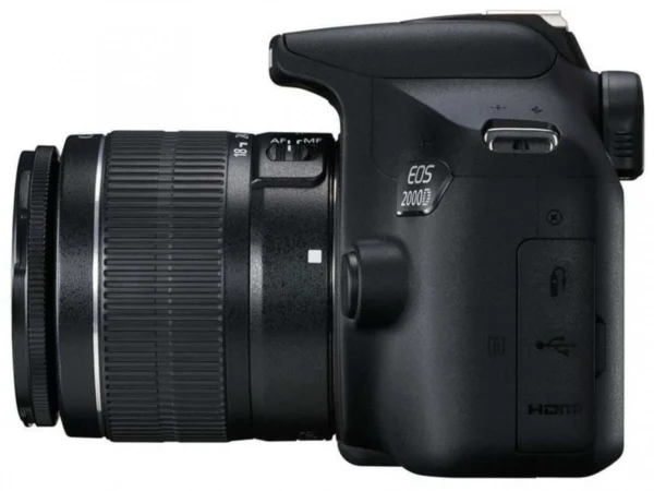 Side-angle photo of Canon EOS 2000D Rebel T7 with attached lens, grip, and control layout