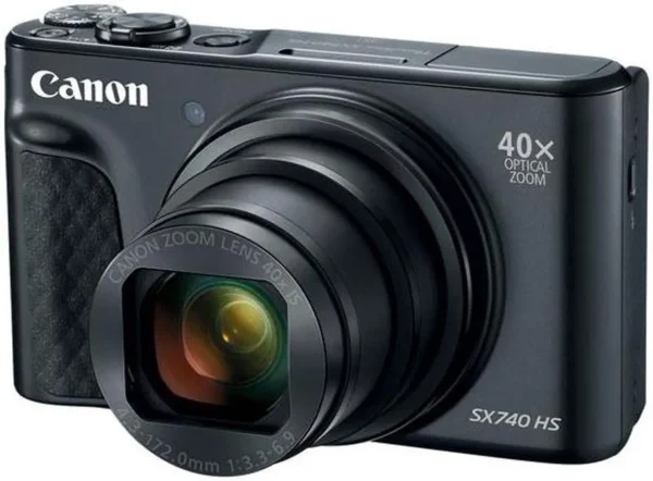 Canon PowerShot SX740 HS Digital Camera in black with 40x optical zoom and 4K video recording for travelers and content creators