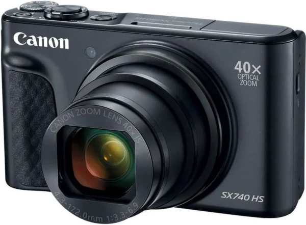 Front-facing view of Canon PowerShot SX740 HS Digital Camera - Black with lens extended.