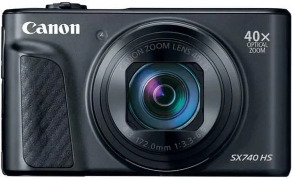 Overhead view of Canon SX740 HS showing shutter button, dial, and controls.