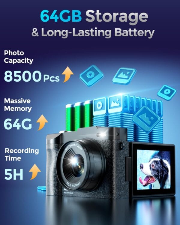 Rear flip screen showing live vlogging view on compact 4K camera