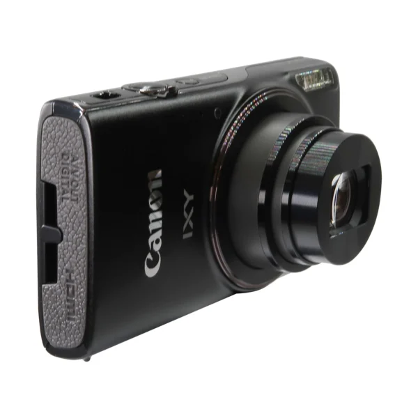 Canon ELPH 360 slim black camera side profile with metallic finish and grip
