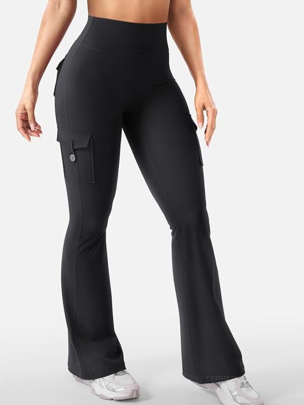 Front view of flare workout leggings with scrunch back and high waist