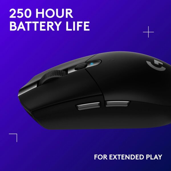 Logitech G305 mouse photographed at an angle showcasing curve, buttons, and scroll wheel