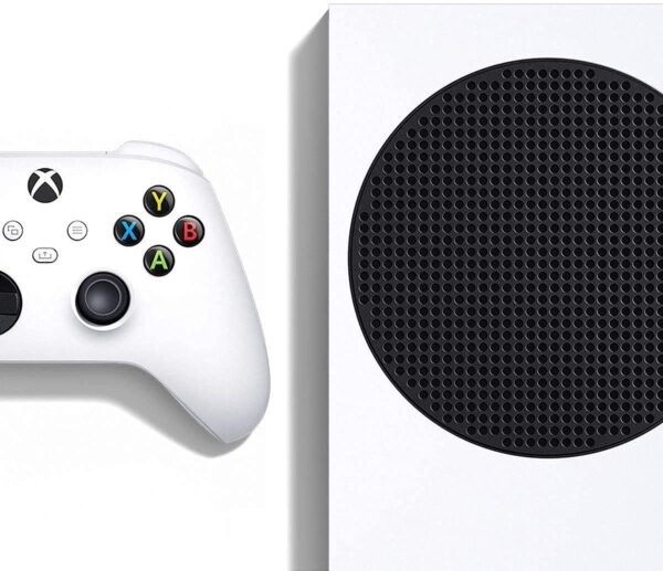 Closeup of gaming console’s surface design, port labels, and finish