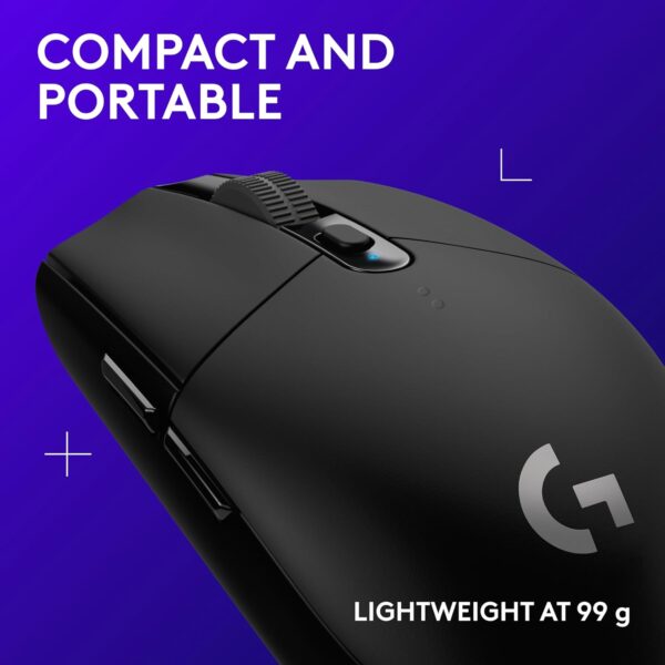 Logitech G305 wireless gaming mouse front view showing ergonomic shape and button layout