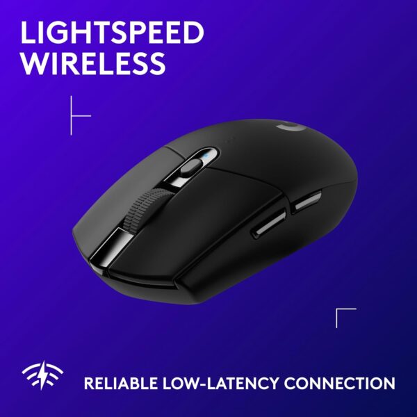 Overhead view of Logitech G305 gaming mouse with HERO sensor and lightweight design