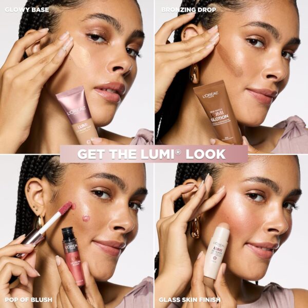 L’Oreal Lumi Glotion applied on face giving radiant glow, acting as a makeup illuminator base