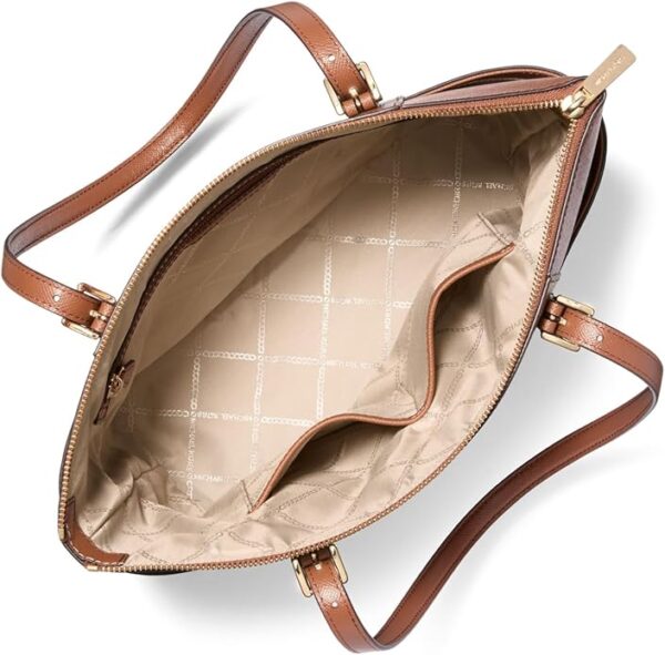 Top angle showcasing the Michael Kors Jet Set Tote’s zip closure and strap layout