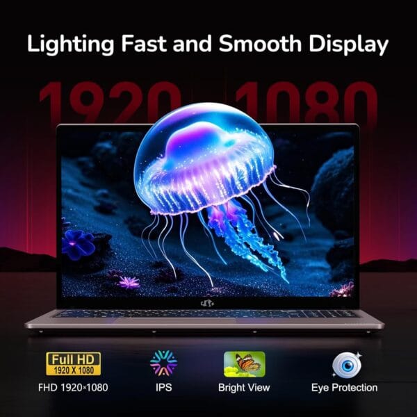 Top view of NIMO gaming laptop highlighting full-size backlit keyboard and smooth fingerprint sensor