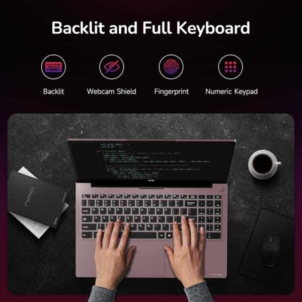 Rear and open-back view of NIMO Ryzen 7 laptop with heat vents, hinge design, and cooling features